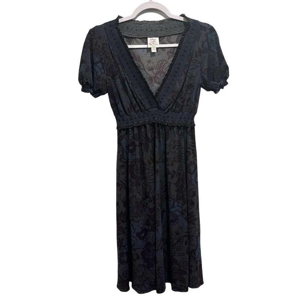 Suzi Chin Maggy Boutique Blue Floral V-Neck Midi Dress Size 6 Short Sleeve